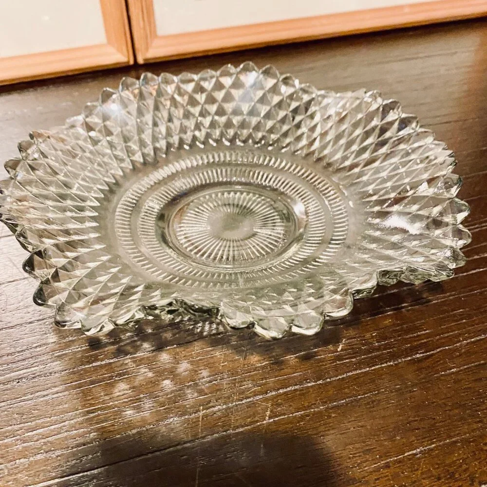 Vintage Indiana Glass Smoke Diamond‎ Point Wavy Design Candy Dish MCM 7